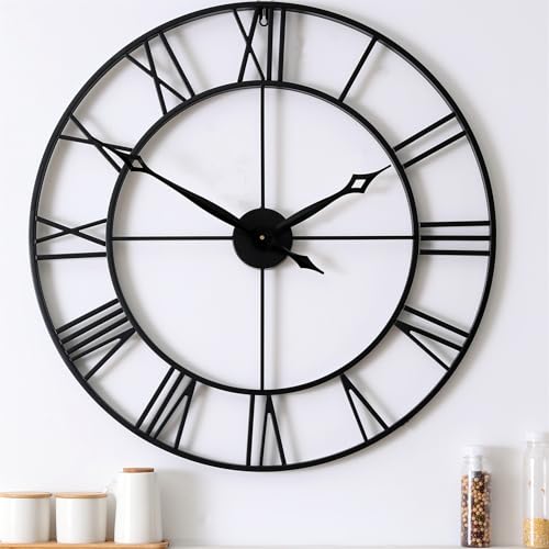 Black Roman Numeral Wall Clock - 30 Inch Industrial Metal Decor - Heavy Duty Large Living Room Clock - Variation of THIS listing