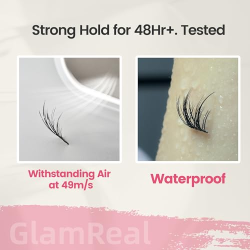 Self Adhesive Press On Lashes 10-14mm, Pop-On Glueless Lash Clusters, Volumizing ULTRA-THIN Invisible Band Lashes, Reusable No Residue 36 Clusters, Beginner Friendly Kit by GlamReal (Florescent)