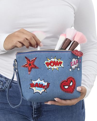Marvel Spider-Man Denim Makeup Bag with Patches - Official Licensed Gift for Women