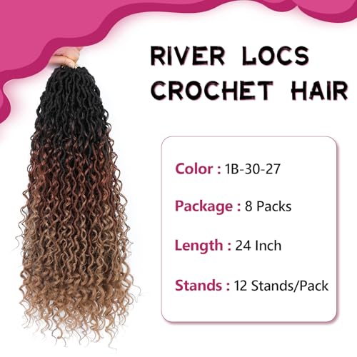 Peliri 24 Inch Goddess Locs Crochet Hair 8 Packs Faux Locs for Black Women, Pre-Looped River Locs with Curly Ends