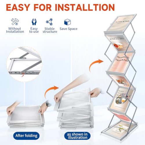 7-Pocket Brochure Display Stand - Adjustable Literature Rack with Carrying Bag - Silver