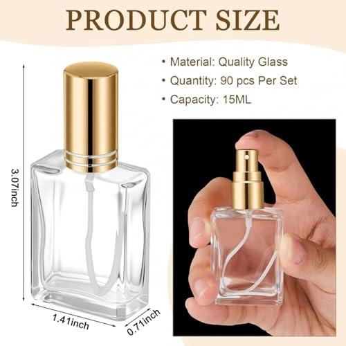 Domensi 60 Pcs 15 ml Glass Perfume Bottles Mini Glass Empty Spray Atomizer Bottles Bulk Refillable Perfume Dispenser Container with Pump Tool for Travel Cleaning Skin Care(Gold)
