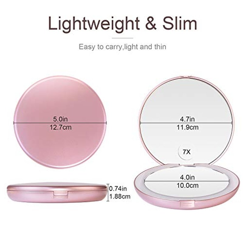 Gospire 5" Lighted Travel Makeup Mirror 1X/7X Magnifying Double Sided, Super Large LED Compact Portable Handheld Pocket Illuminated Cosmetic Vanity Mirror with Battery for Makeup Bag