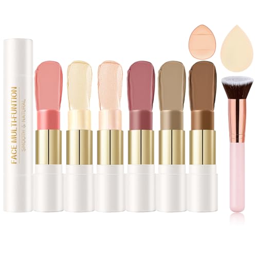AWCCXMYM 6 Colors Cream Contour Stick Makeup Set Dual-ended Blush & Highlighter Bronzer Stick for Sculpt the Cheeks Long Lasting & Waterproof Matte Finish Face Contouring Set A