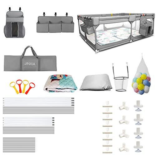JINXIA Extra Large Baby Playpen with Mat 75x59in Grey, BPA-Free Safety Play Yard