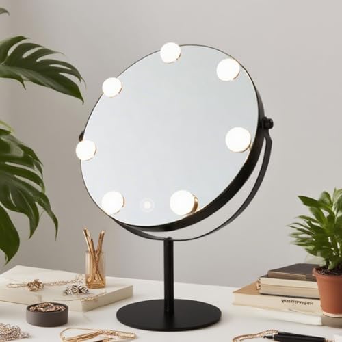 Lighted Makeup Mirror with 7 LED Bulbs, Dimmable & 360° Rotation, Black, 11.8x17 Inches