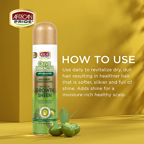 African Pride Olive Miracle Magical Growth Sheen Hair Spray ? Enriched with Olive & Tea Tree Oil for Natural Beauty, Moisture & Shine, 8oz