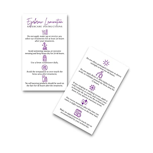 Brow Lamination Aftercare Card | 50 Pack | 2x3.5¡± inches Business Card Size | Starter Lift Kit At Home DIY Brow Lift and Tint | Snatched Brows White with Purple Design