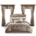 Queen Faux Silk Comforter Set with Curtains & Pillows - Taupe, 24 Piece