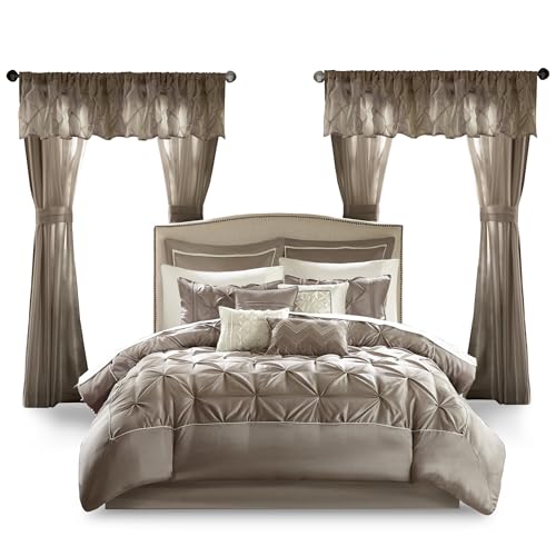 Queen Faux Silk Comforter Set with Curtains & Pillows - Taupe, 24 Piece