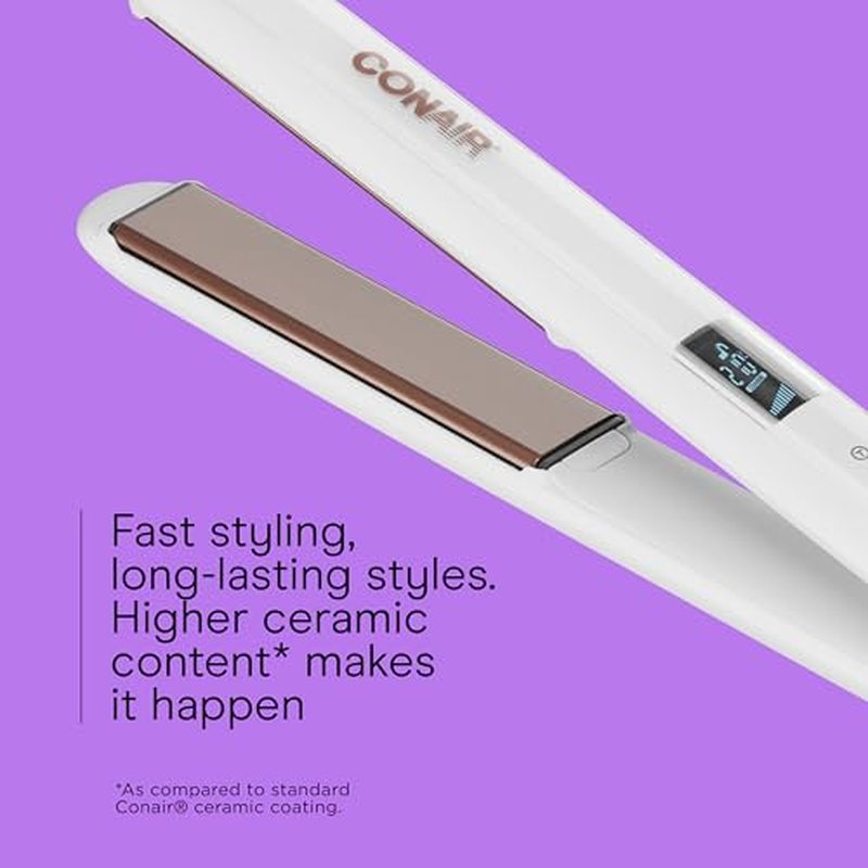 Conair Double Ceramic Flat Iron, 1-Inch Flat Iron, 5 Digital Temp Settings Up to 410¡ÆF, Extra-Long Plates, For All Hair Types and Textures, White
