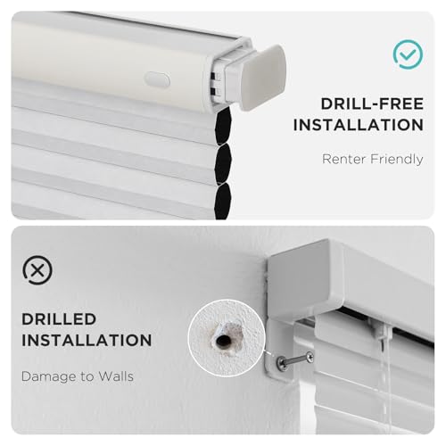 No Drill Cellular Window Shades - White 34x64 Inches, Blackout Cordless