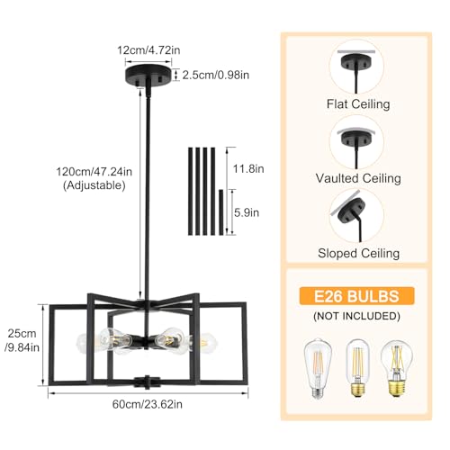 Black E26 6-Light Farmhouse Chandelier for Dining Room Kitchen Pendant Light with Adjustable Height