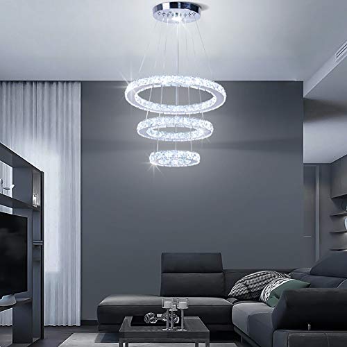3-Ring LED Crystal Chandelier for Dining Room - Silver, Cool White, Adjustable Height