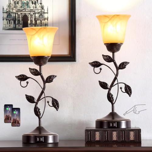 2 Pack Touch Vintage Bedroom Leaf Table Lamps with USB Ports - Bronze, Dimmable