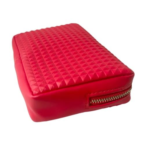 Valentino Red Triangle Diamond 3D Grid Small Zip Makeup Cosmetic Gift Pouch Approx 6L x 4H x 1W (2297)