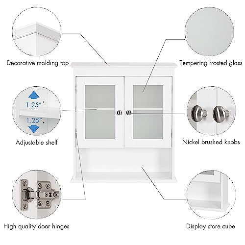 Spirich White Bathroom Wall Cabinet with Frosted Glass Doors, Space-Saving Medicine Storage