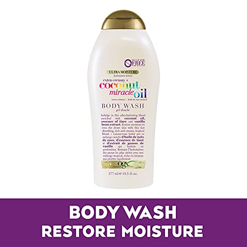 OGX Extra Creamy + Coconut Miracle Oil Ultra Moisture Body Wash, 19.5 Fl Oz Coffee Scrub and Wash, Coconut 19.5 Fl Oz