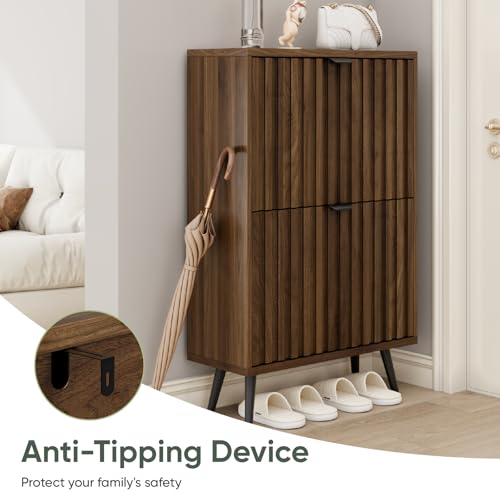 Walnut Shoe Cabinet with Flip Drawers - 23.6 Inch Freestanding Organizer with Fluted Design