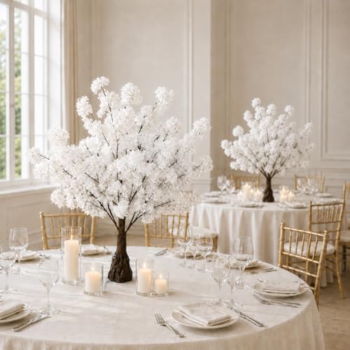 White Faux Cherry Blossom Tree - 3.6Ft Lifelike Home Decor, 2 Pack