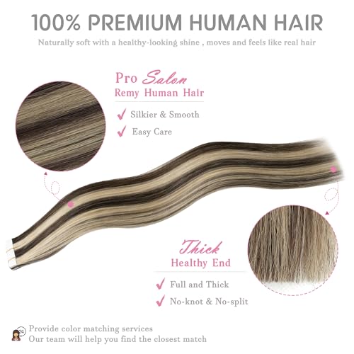 Tape in Hair Extensions 14 Inch Brown Highlighted P4/27 - Natural Human Hair, Seamless & Easy to Install