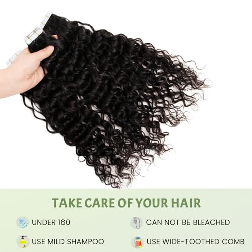 Black Water Wave Human Hair Extensions Tape Ins 18 Inch Seamless Curly 50g