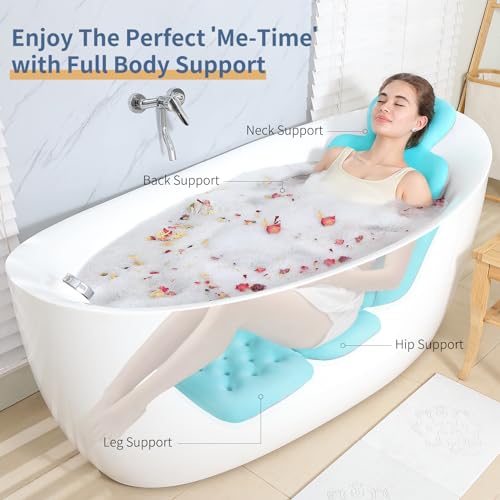 Blue Full Body Bath Cushion with 160 Suction Cups - 51 x 16 inches, Spa-Style Bathtub Pillow with Neck & Head Support, Luxury Bath Mat, Gift Idea