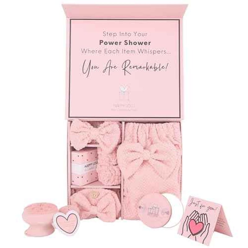 Happy Lolli Power Shower Gift Set ? College Essential Bath Accessories for Women and Teen Girls ? Includes Body Towel, Hair Towel, Wrist Bands, Headband, Face Sponge and More (Fresh in Pink)