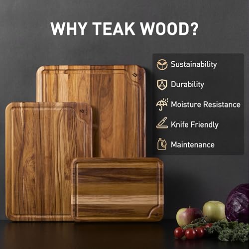 Teak Wood Cutting Boards Set - Multi-Size 3 Pack with Non-Slip Base