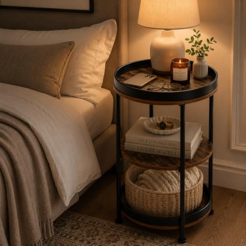 Dulcii Rustic Brown Round Side Table with 3 Storage Shelves - Classic Variation