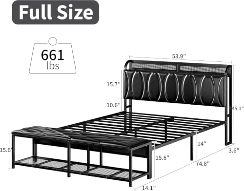 VECELO Full Size Platform Bed Frame with Upholstered Headboard & Storage Bench, Black