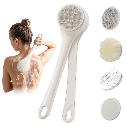 Beige Electric Body Brush Back Scrubber with 4 Heads Waterproof Dual Handle