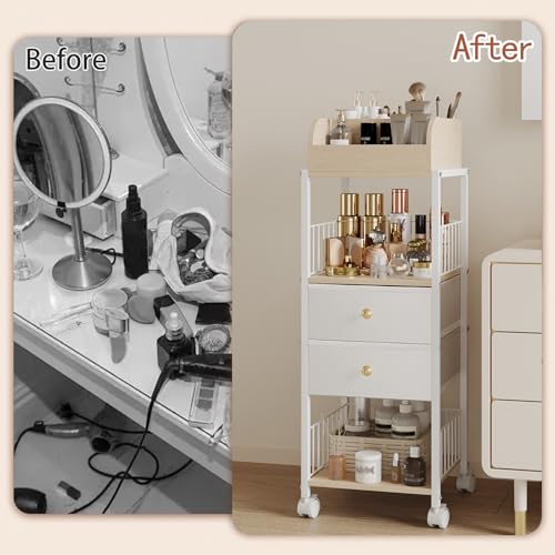 White Floor Makeup Organizer with Drawers and Rolling Casters - ZQUYAJ HZG2402