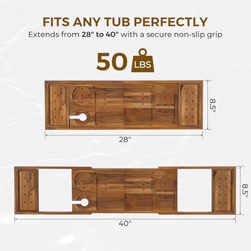 Venusmiles Foldable Teak Bathtub Caddy with Expandable Handles, Wine Glass & Phone Holders - Light Walnut