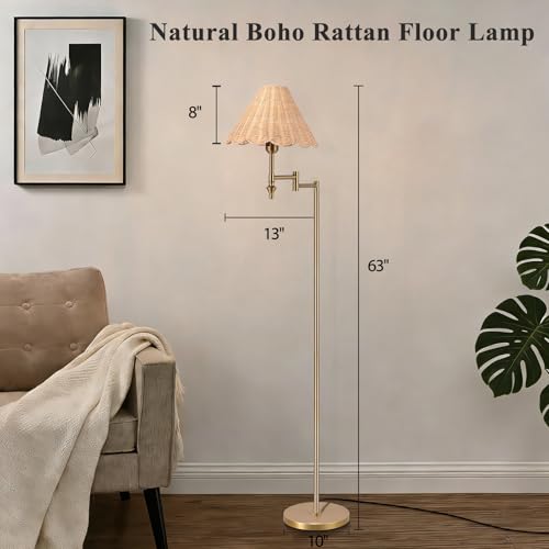 Boho Rattan Floor Lamp with Swing Arm, Adjustable 310° Natural Standing Reading Light