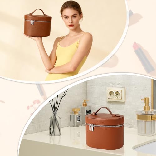 Makeup Case, Large Capacity Leather Makeup Bag with Removable Washable Compartment, Portable Waterproof Leather Cosmetic Case, Multi-functional Travel Organizer, Brown