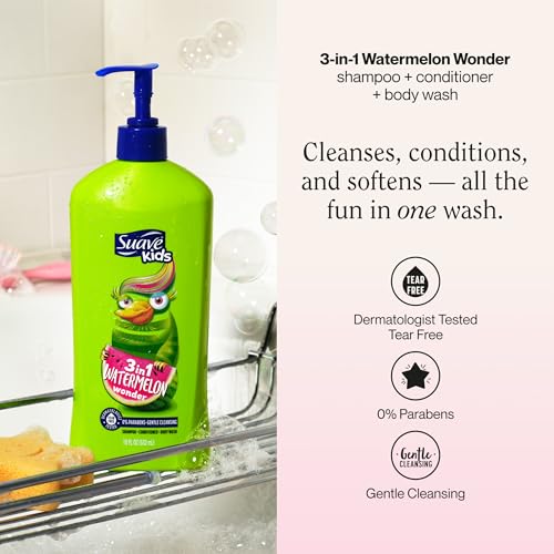 Suave Kids 3-in-1 Tear Free, Body Wash, Shampoo and Conditioners, Dermartologist Tested, Watermelon Wonder, 18 Oz Pack of 6