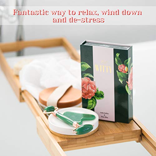 Green Jade Face Roller and Gua Sha Set - Skin Care Massage Tools with Hand-Drawn Gift Box