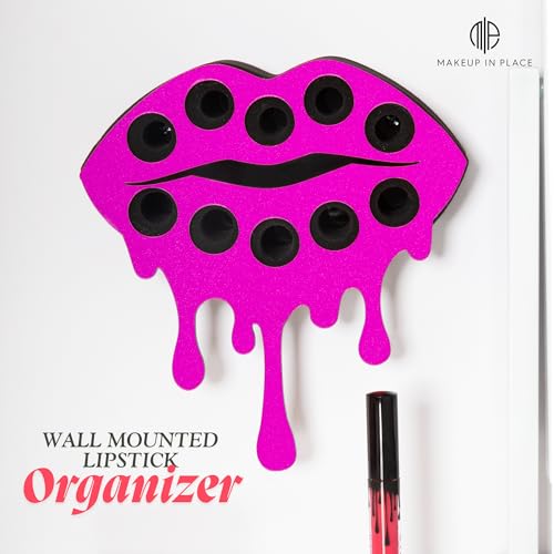 MAKEUP IN PLACE Fearless Lip Lipstick Organizer - Acrylic Lipstick Holder and Organizer for Women Patented Wall Mounted Minimalistic Design Saves Time - Holds 10 Items (Pink Shimmer)