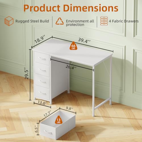 Somdot White 39-Inch Small Computer Desk with 4 Drawers for Bedroom & Home Office