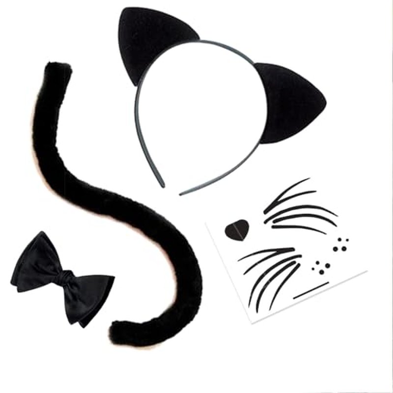 Cat Costume Face - Ears & Tail - Contains Cate Face Temporary Tattoos & Furry Ears, Tail and Black Bowtie - Easier than Make-Up - MADE in USA (Cat Face Ears & Tail)