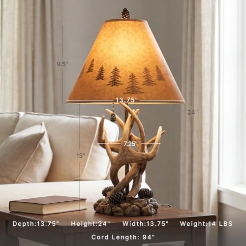 Set of 2 Rustic Table Lamps with Faux Rock and Pinecone Accents - Mountain Retreat Style, Silhouette Shade, 14.25 Inch