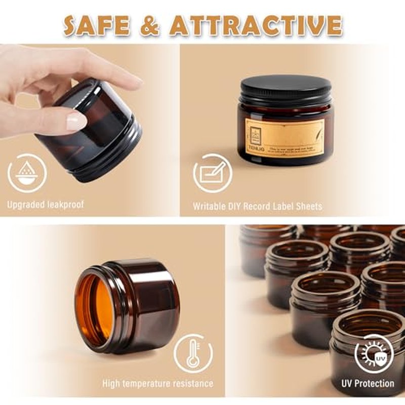 1.75 oz Glass Jars with Lids,Amber,12 Pack Empty Cosmetic Containers with Inner lids and Inner Liners,Black Metal Lid,Refillable Round Airtight Jars,Use to store Lotion,Powders,Candle Making