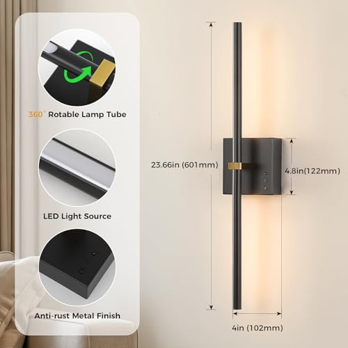 Joossnwell Black & Gold Battery Operated Wall Sconces Set of 2, 24 Inch Modern Wireless Lighting with Dimmable LEDs