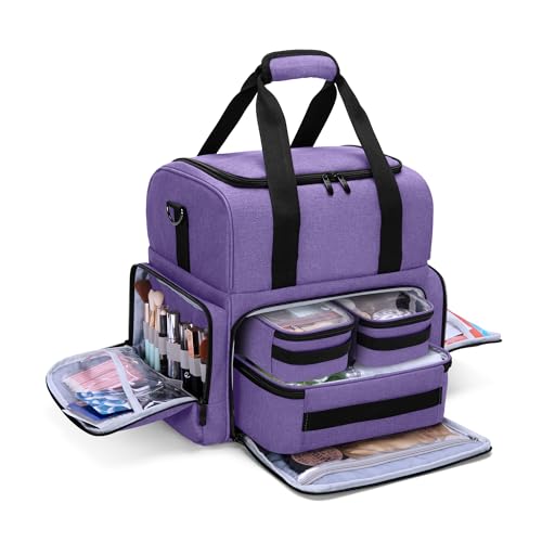 BAFASO 2 Layers Large Travel Makeup Bag with 3 Inner Removable Pouches, Cosmetic Bag with Detachable Dividers (Patented), Purple
