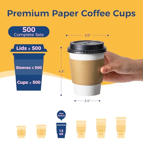 500 Pack 12 oz Disposable Coffee Cups with Lids, Sleeves & Leak-Proof Design