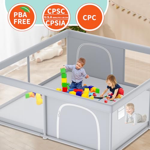 Extra Large Baby Playpen 79x79 Inches with Soft Breathable Mesh - Grey, Without Mat
