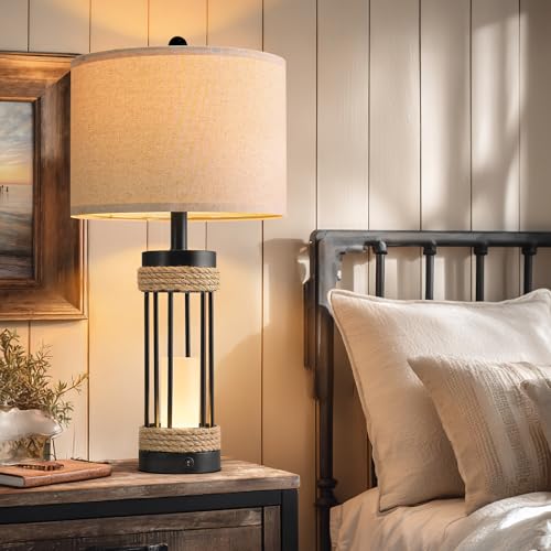OYEARS Farmhouse Black 25" Set of 2 Table Lamps with Night Light & USB-C Charging Ports