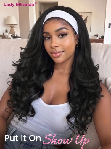 Lady Miranda Yaki Curly Headband Wig - Black Layered Flip Curls 26 Inches