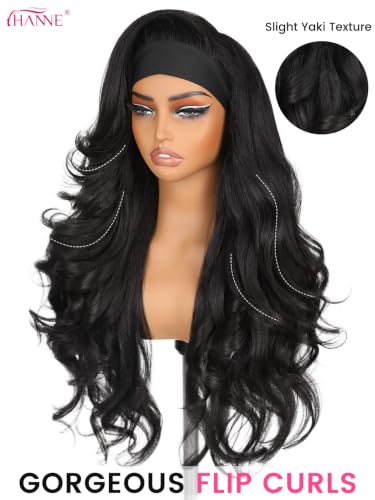 HANNE Yaki Wavy Flip Curl Headband Wig for Black Women - Natural Black, 26 Inch